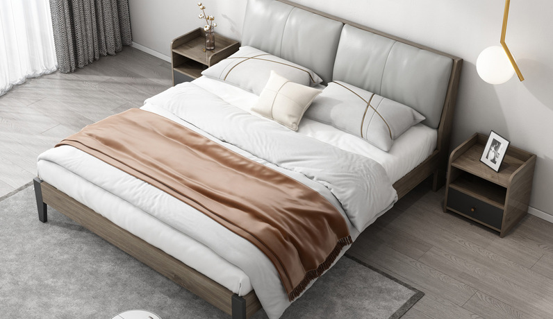 艺家 北欧风格 进口落叶松木排骨条 优质皮艺 高弹软靠 浅灰色 1.5*2.0米大床(适配床垫厚度200-220mm)