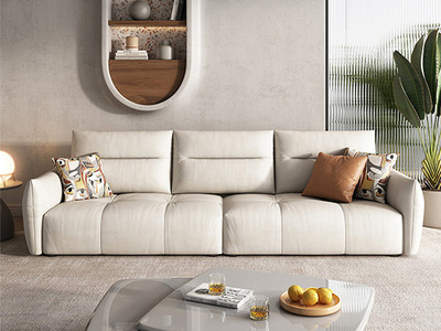  客厅意式极简 优质皮艺+实木框架+高密度海绵 米白色 直排沙发 四人位