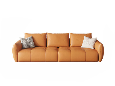  客厅意式极简 优质皮艺+实木框架+高密度海绵 暮光橙 直排沙发 三人位