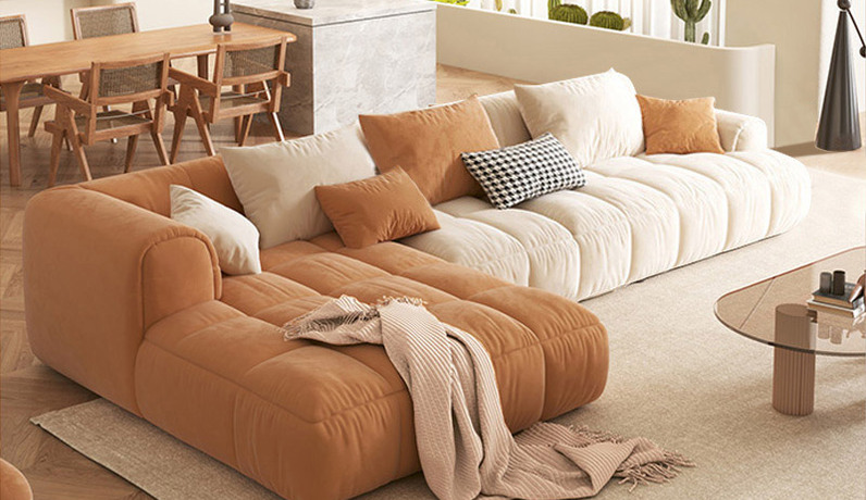 iLoven 意乐威 极简风格 科技绒布+实木框架 奶油色系方块布艺沙发 米白色+棕色 3.3米右贵妃组合沙发