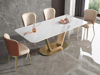  轻奢风格 防刮耐磨 亮光岩板+不锈钢底架 1.4米餐桌