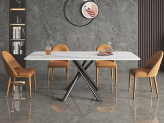  极简风格 防刮耐磨 12mm亮光羊脂白玉岩板+碳素钢底架高亮光珍珠黑 方台 1.6米餐桌