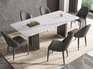  轻奢风格 防刮耐磨 12mm亮光羊脂白玉岩板+不锈钢黑钛底架 半月台 1.4米餐桌