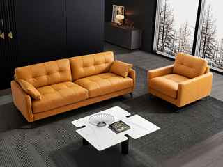  现代简约 头层黄牛皮+海绵+公仔棉+实木框架 组合沙发 单人位+三人位（含腰枕）