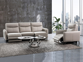  现代简约 头层黄牛皮+海绵+公仔棉+实木框架 电动可躺 组合沙发 单人位+三人位