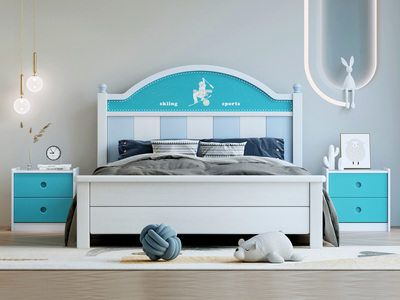  简美风格 新西兰松木压纹+松木床板条 环保健康 白+蓝 1.5*2.0米儿童床