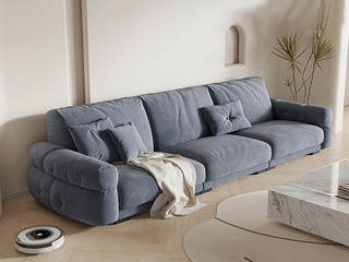  现代简约 奶油风 超柔磨砂布+45D高密度Q弹海绵+实木框架 蓝灰色 五人位直排沙发
