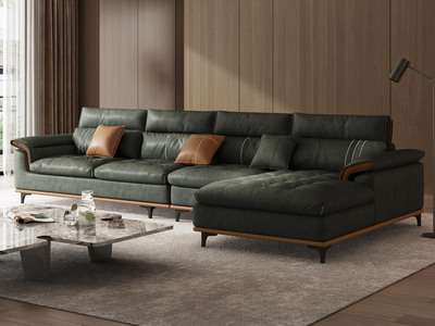  极简风格 超柔科技布+实木框架+高密度海绵 灰绿色 转角沙发 1+3+左贵妃