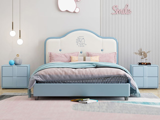  简美风格 科技皮+硅胶皮+松木框架 环保健康 儿童床 蓝色 1.5*2.0米