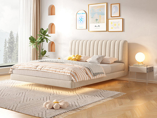  现代简约 奶油风 猫抓布+高密度海绵+实木框架+LED灯带 米白色 1.5*2.0米悬浮床（搭配10公分松木排骨架）