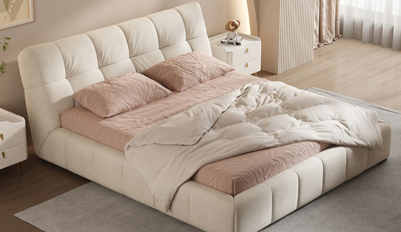 Milantti 米兰蒂 现代简约 奶油风泡芙床 科技布+高密度海绵+实木框架 米白色 1.8*2.0米床（搭配10公分松木排骨架）