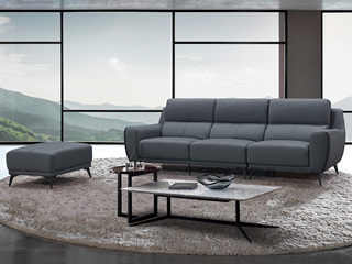  现代简约 优质皮艺+高密度回弹海棉+实木框架 深蓝色 组合沙发 四人位+脚踏