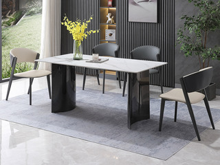   极简风格 不锈钢黑钛亮光台脚+哑光雪山石岩板面 1.6米餐桌