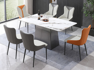  轻奢风格 不锈钢拉丝灰钢色+亮光百达翡丽岩板面 1.8米餐桌