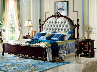  欧式新古典黑檀系列 真皮+高回弹海绵+进口榉木 蓝灰色 卧室床 1.8*2.0米