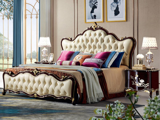  欧式新古典黑檀系列 真皮+高回弹海绵+进口榉木 米黄色 卧室床 1.8*2.0米