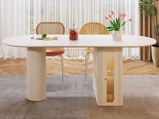  现代极简 奶油风  进口哑光岩板台面+五金烤漆工艺 超大储物空间+可折叠桌面 1.6米 餐桌