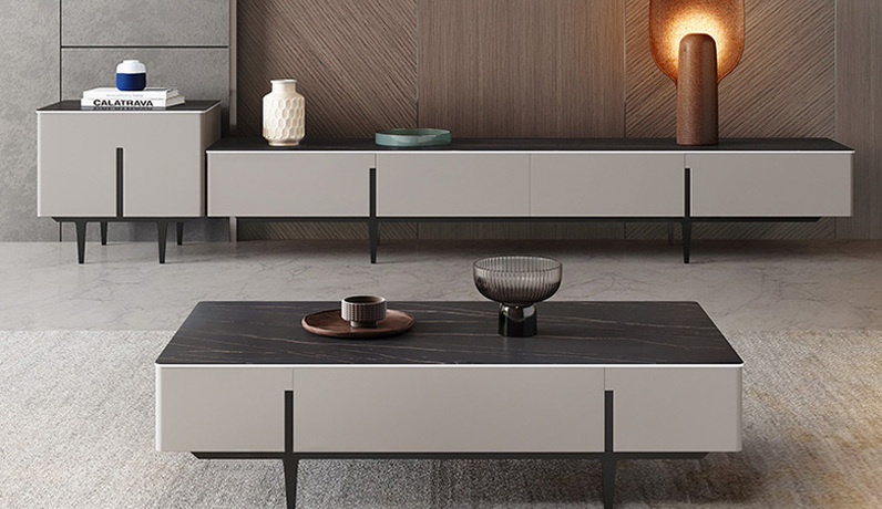 米勒 极简风格 劳伦黑金哑光岩板+碳素钢脚 2.0米 电视柜（不含边柜）