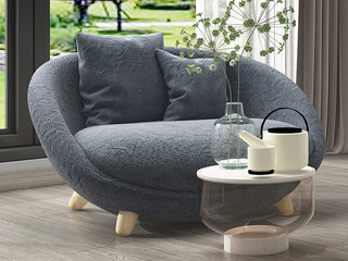  北欧风格 沙发椅 棉麻布+实木弯板+高密度海绵+白蜡木脚 蓝色 休闲椅