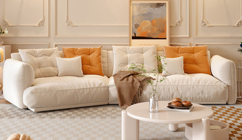 卡琪朵 奶油风 宽大坐深舒适靠包 轻薄透气绒布 蓬松柔软羽绒 45D高密度Q弹海绵 进口俄罗斯松木框架 3.4米转角沙发 3+右转角