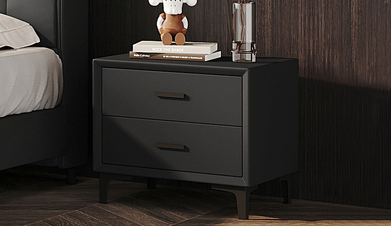 歌迪 极简风格 全实木柜体+松木抽屉 扪皮 深灰色 床头柜