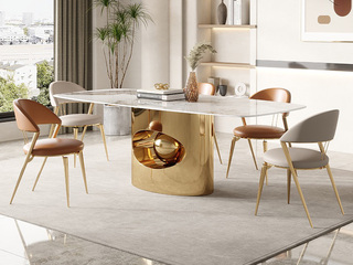  轻奢风格 创意设计 亮光岩板台面+不锈钢钛金底架  1.4米 餐桌