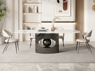  极简风格 创意设计 亮光岩板台面+不锈钢黑钛底架  1.4米 餐桌