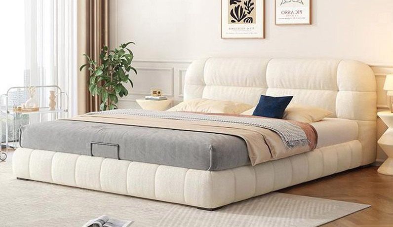 歌迪 奶油风 绒布+高密度海绵+实木框架  1.8*2.0米 米白色 泡芙床（搭配10公分松木排骨架）