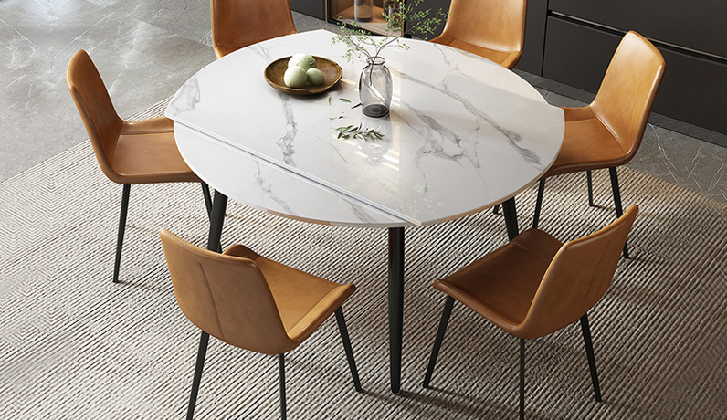 歌迪 极简风格  亮光雪山石岩板桌面+碳钢 伸缩跳台1.3米餐桌