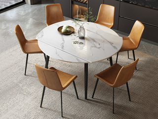  极简风格  亮光雪山石岩板桌面+碳钢 伸缩跳台1.3米餐桌