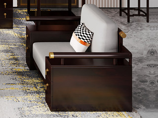  新中式 禅意实木多功能储物沙发 抗菌防污猫抓布+高回弹海绵    高质感镀铜工艺 单人位沙发