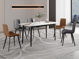  极简风格 光滑细腻 耐磨防污 雪山白哑光岩板桌面+碳钢 1.4米 马肚形岩板 餐桌