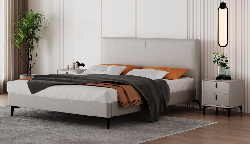 卡罗亚 极简风格 超柔科技布+高回弹海绵+实木框架+五金脚 1.5米 米灰色 布艺床（搭配10公分钢木排骨架）