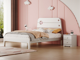  原木风格 环保健康 纯实木 白色+粉色 儿童床 1.5米床 （搭配床板）