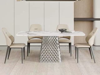  极简风格  微晶石台面+菱形钻石纹不锈钢支撑底座 1.4米餐桌