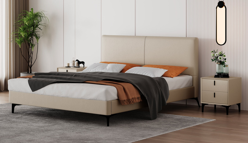 卡罗亚 极简风格 超柔科技布+高回弹海绵+实木框架+五金脚 1.5米 米黄色 布艺床（搭配10公分钢木排骨架）