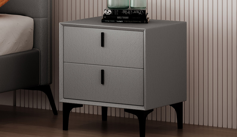 卡罗亚  极简风格 扪布+实木抽屉+五金脚 浅灰色 床头柜