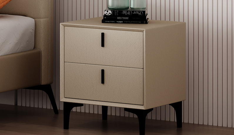 卡罗亚  极简风格 扪布+实木抽屉+五金脚 米黄色 床头柜