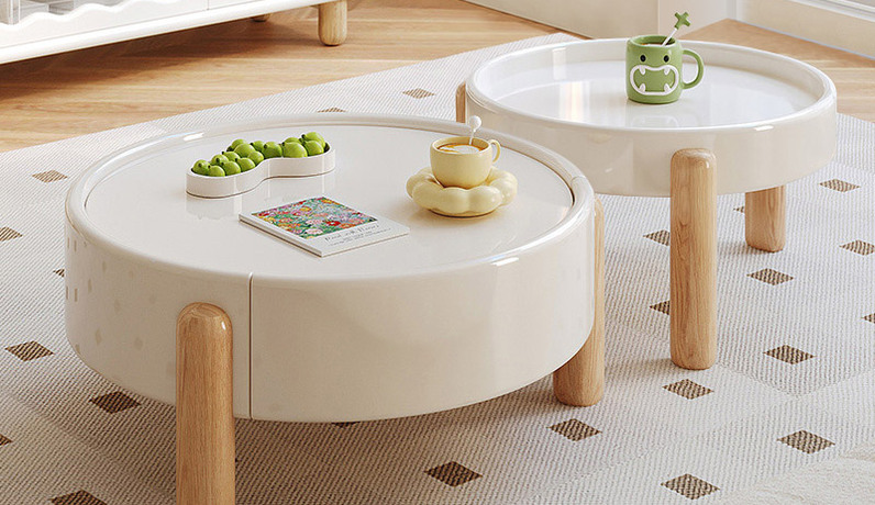 歌迪 奶油风 芽笙茶几 进口橡胶木脚+实木抽屉 茶几组合