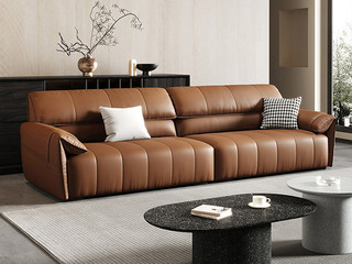  意式极简 钢琴键真皮沙发 高定头层黄牛皮 蓬松柔软羽绒填充头枕 优质高回弹海绵座包 四人位沙发