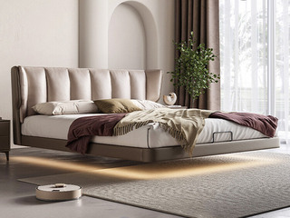  极简风格 高定头层黄牛皮 蓬松舒适羽绒靠包 智能感应灯带 俄罗斯进口松木框架 一坐三回弹海绵 1.5*2.0米悬浮真皮床（搭配10公分松木排骨架）（建议床下预留电源插座）