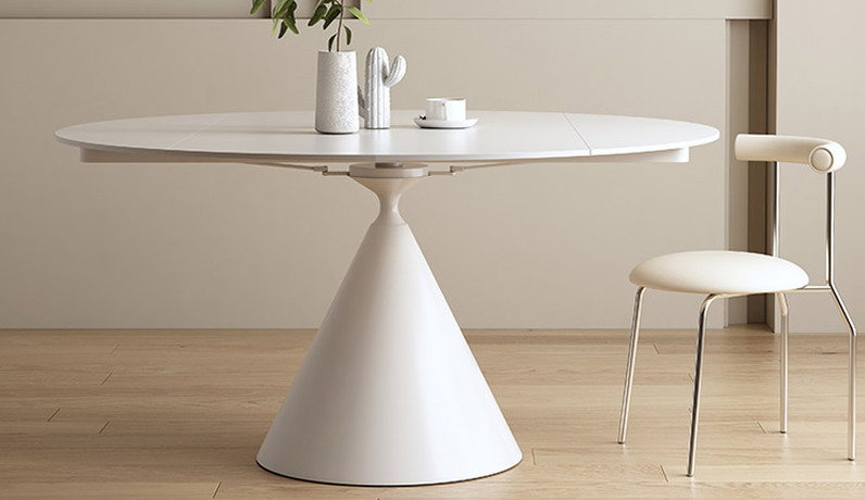 歌迪 奶油风 方圆两用伸缩餐桌 小蛮腰碳素钢桌脚 细腻光滑哑光纯白岩板 结实耐用五金导轨 1.35米 多功能餐桌（旋转式收拢展开）