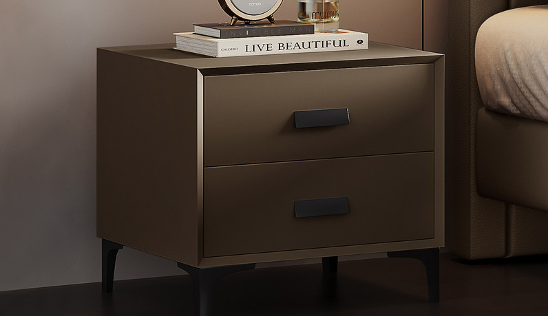 歌迪 极简风格 全实木柜体+松木抽屉 松木抽屉 扪皮 棕咖色 床头柜