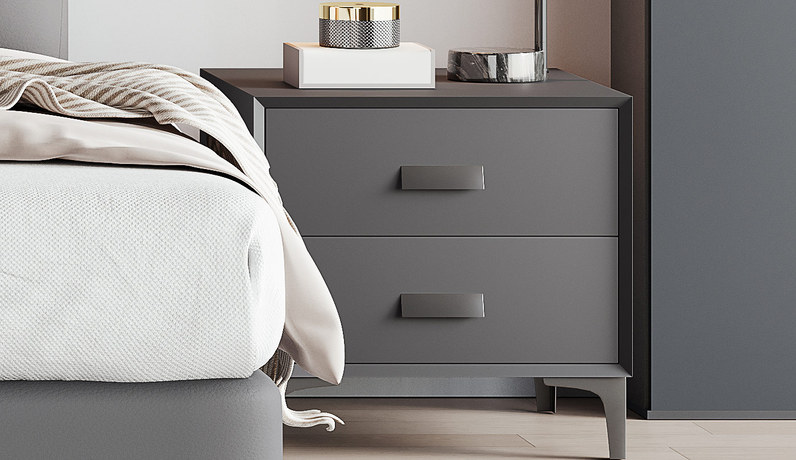 歌迪 极简风格 扪皮+全实木柜体+松木抽屉 深灰色 床头柜