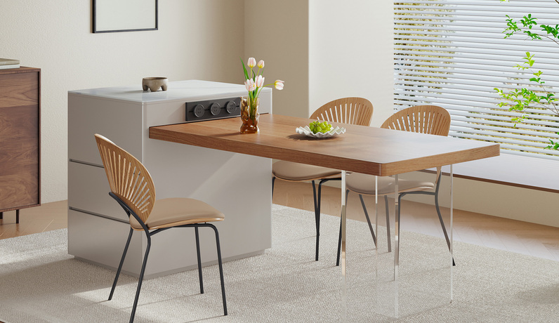 歌迪 极简风格 悬浮多功能伸缩岛台 灵活应用节省空间 双台面结构设计 大容量分区储物柜硬核收纳 防撞安全圆角工艺 透明亚克力桌脚 电力导轨插座 大小户型适配 岛台