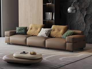  意式极简 乔西沙发 新一代耐磨抗皱仿真皮 不规则流线异形设计 创意设计感镀铬五金脚 轻盈蓬松羽绒+高回弹海绵双料填充 打造五星级坐靠感 俄罗斯落叶松实木框架 棕色 四人位直排沙发