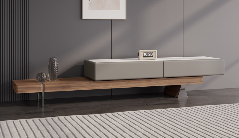 诺美帝斯 极简风格 通透美观微晶石台面 立体几何美学 黑胡桃木纹理 坚实稳固不锈钢脚 伸缩电视柜