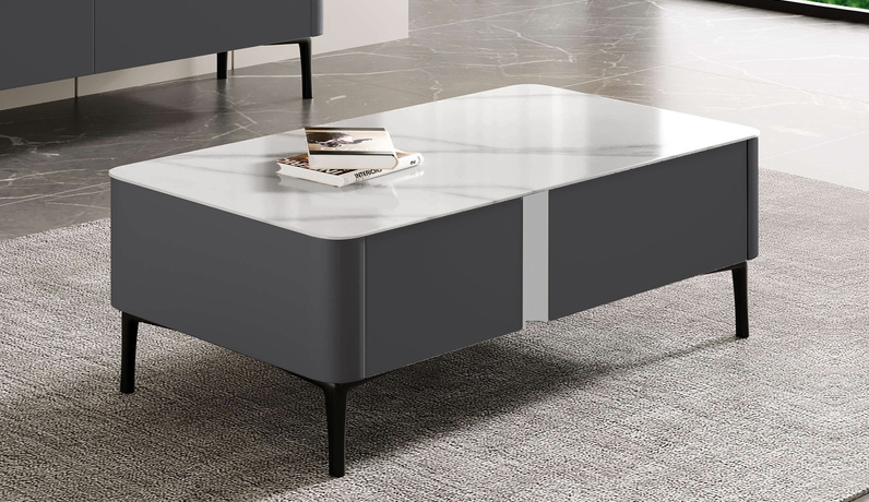 歌迪 极简风格 防刮耐磨亮光雪山石岩板+钢琴烤漆工艺+碳素钢脚 深灰色 1.2米茶几