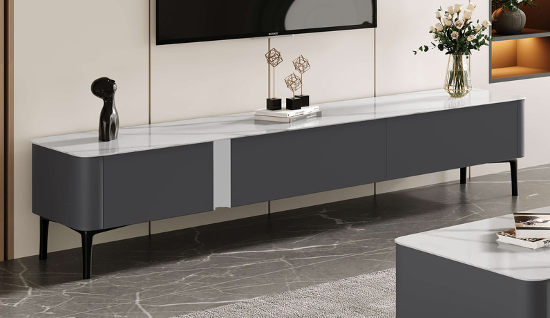 歌迪 极简风格 防刮耐磨亮光雪山石岩板+碳素钢脚 深灰色  电视柜