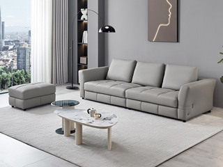  极简风格 天然纹理进口头层牛皮 蓬松柔软羽绒活动靠枕 高密度回弹海绵 俄罗斯落叶松木框架 组合沙发 浅灰色 三人位+脚踏（此产品有短途物流费）